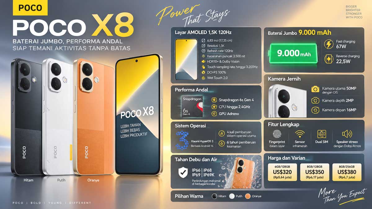 HP Terbaru POCO X8 Meluncur, Bawa Baterai 9.000 mAh dan Layar AMOLED 120Hz