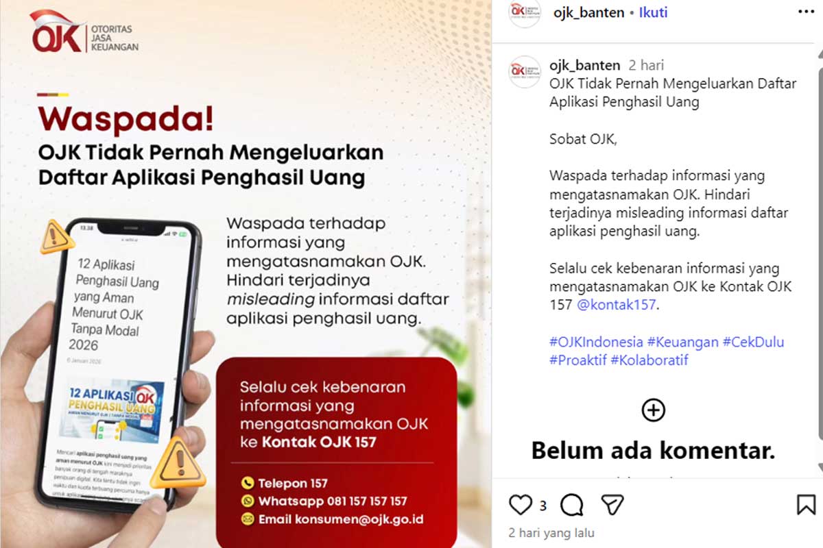 Tegas! OJK Tak Pernah Rilis Daftar Aplikasi Penghasil Uang